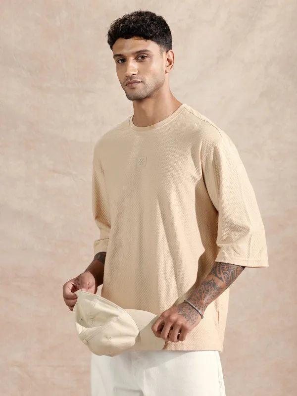 3/4th Sleeve Textured T-Shirt | Beige made by Wrogn