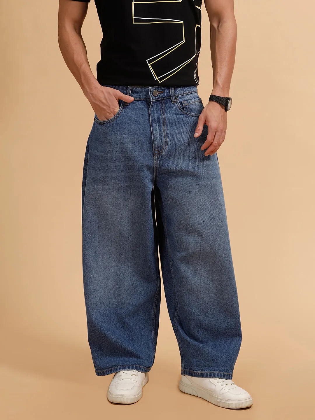 Casual Heavy Fade Baggy Fit Jeans | Blue sold by Wrogn