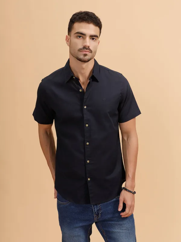 Solid Short Sleeve Regular Fit Shirt | Navy Blue sold by Wrogn