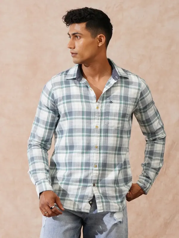 Herringbone Checks Slim Fit Shirt | Green sold by Wrogn