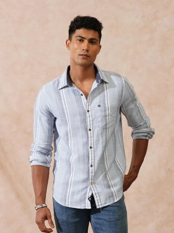 Casual Striped Herringbone Shirt | Light Blue sold by Wrogn
