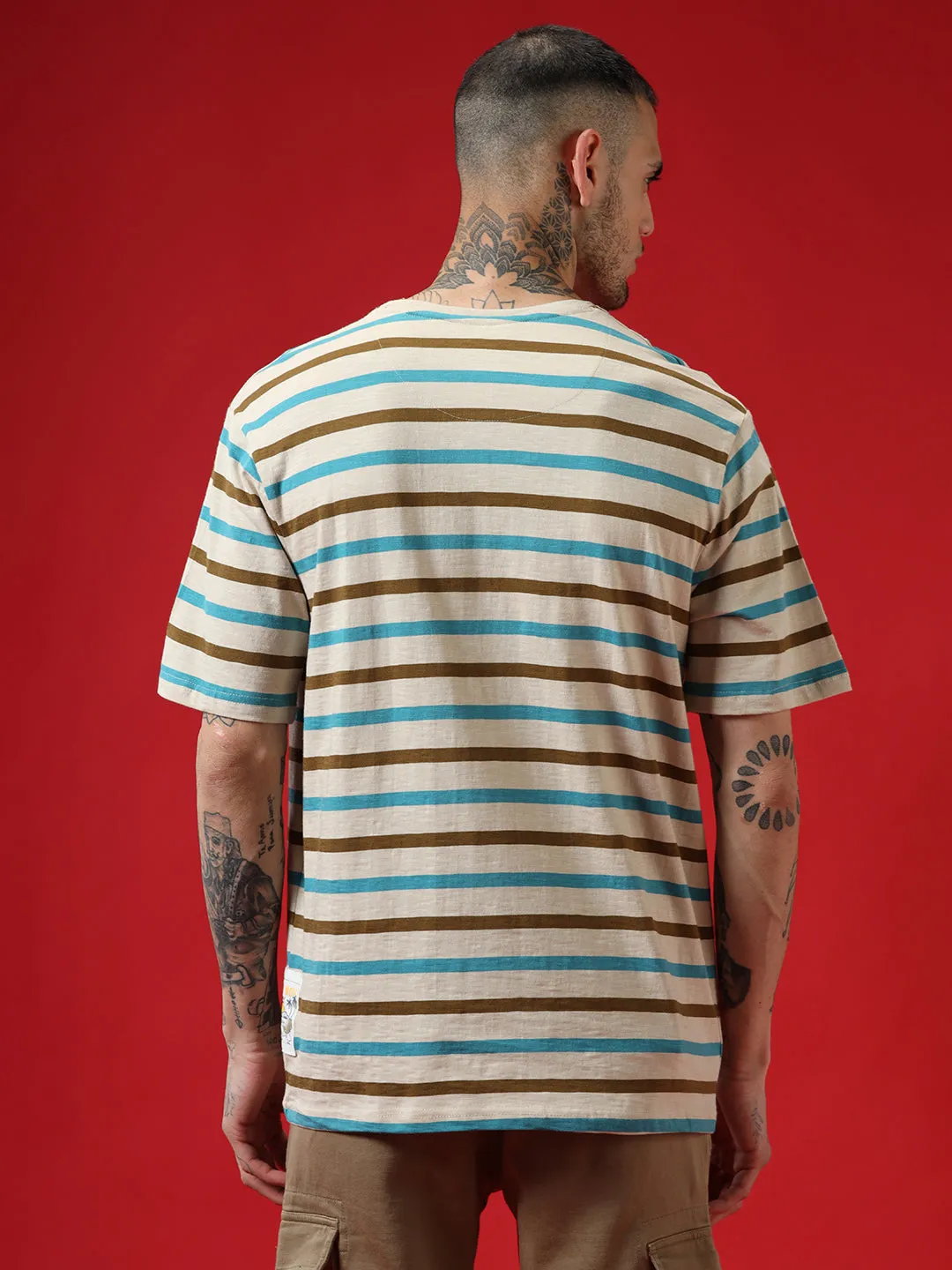 Beige Stripes Crew Neck T-Shirt sold by Wrogn product image thumbnail 3