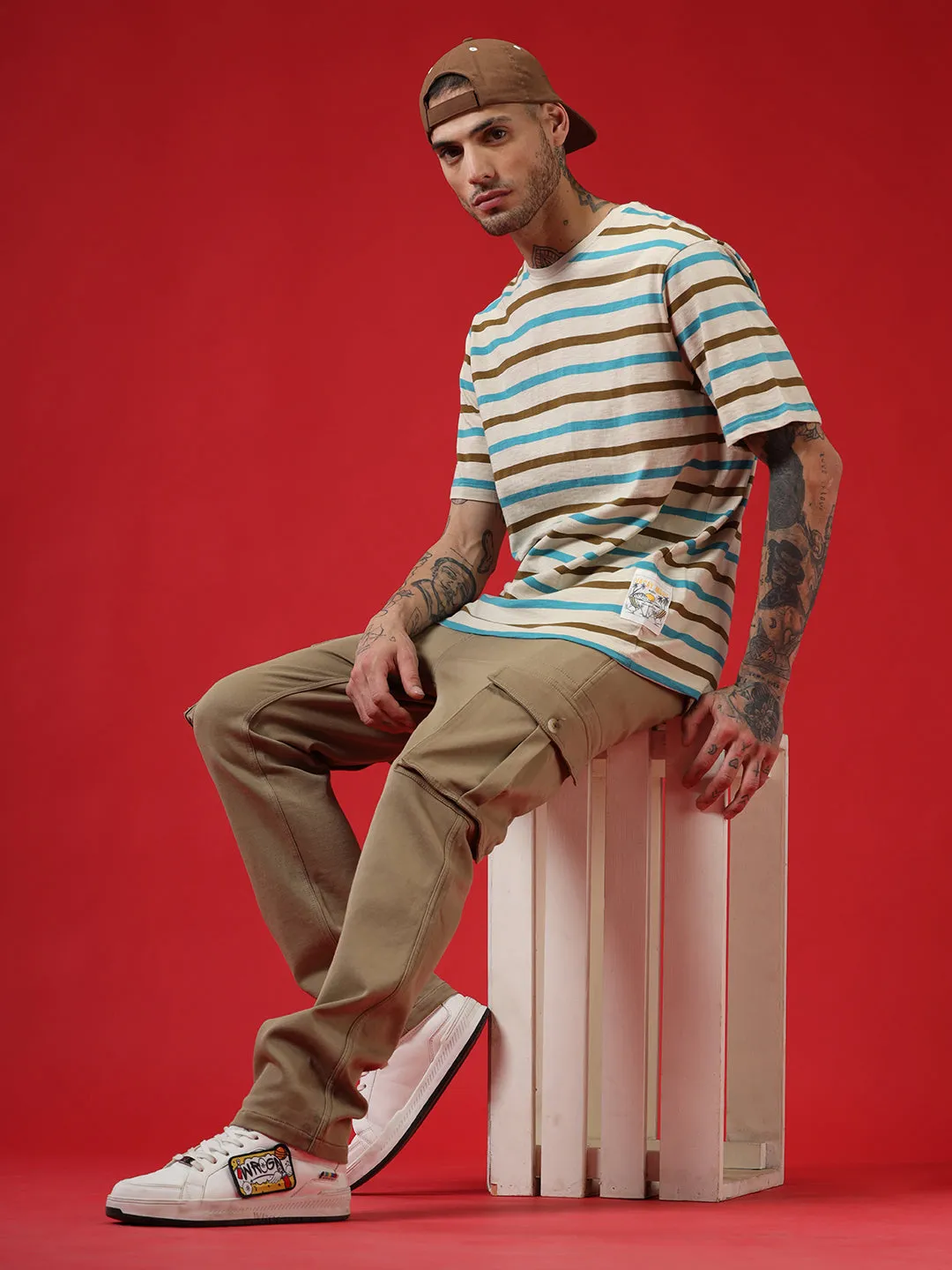 Beige Stripes Crew Neck T-Shirt sold by Wrogn product image thumbnail 2