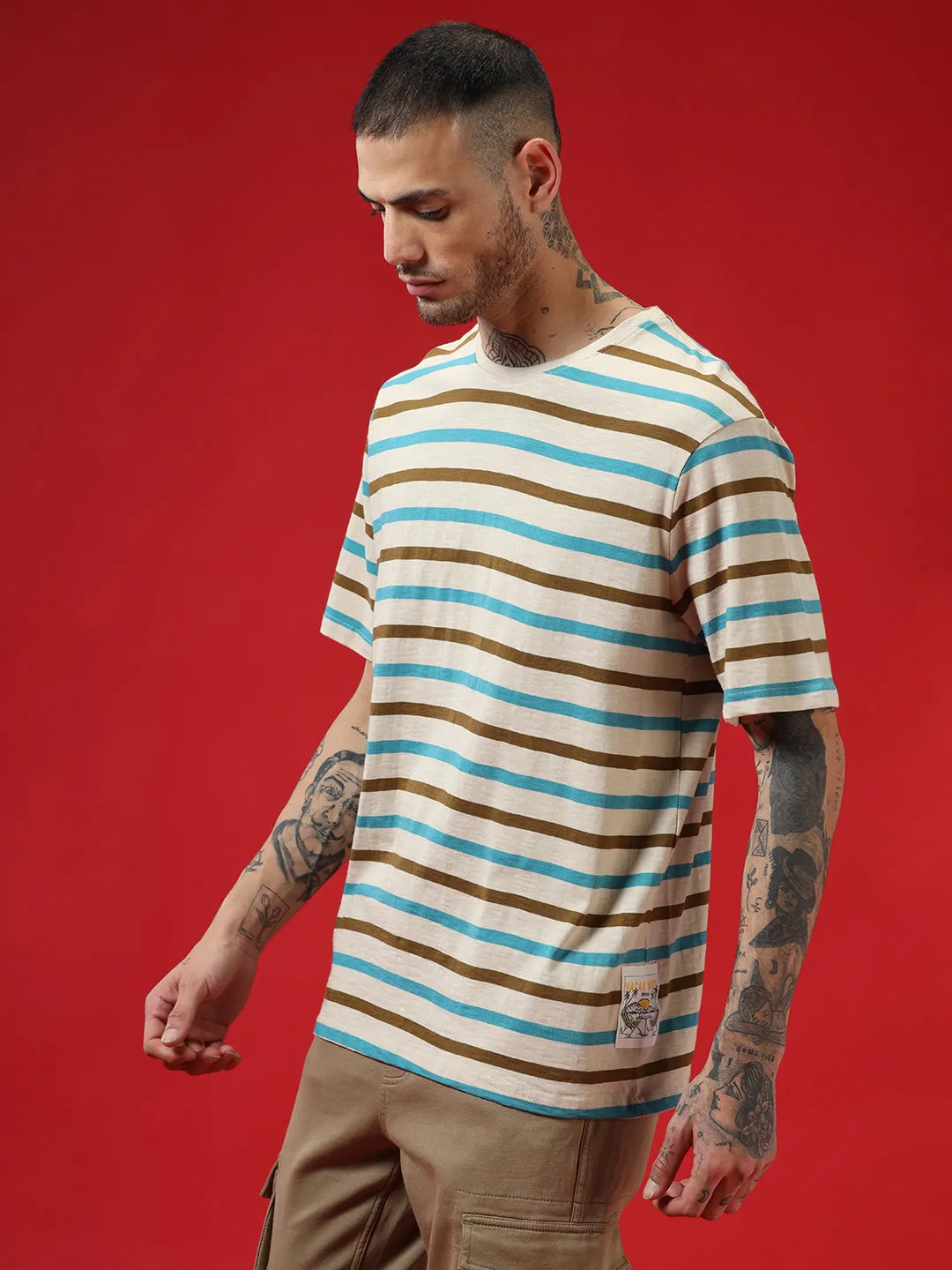 Beige Stripes Crew Neck T-Shirt sold by Wrogn product image thumbnail 4