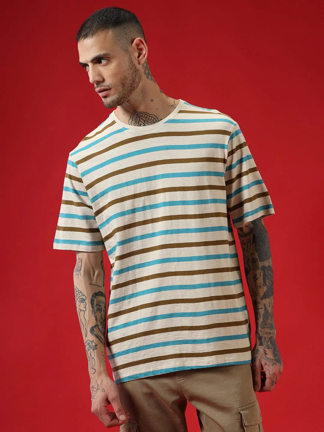Beige Stripes Crew Neck T-Shirt sold by Wrogn product image thumbnail 5