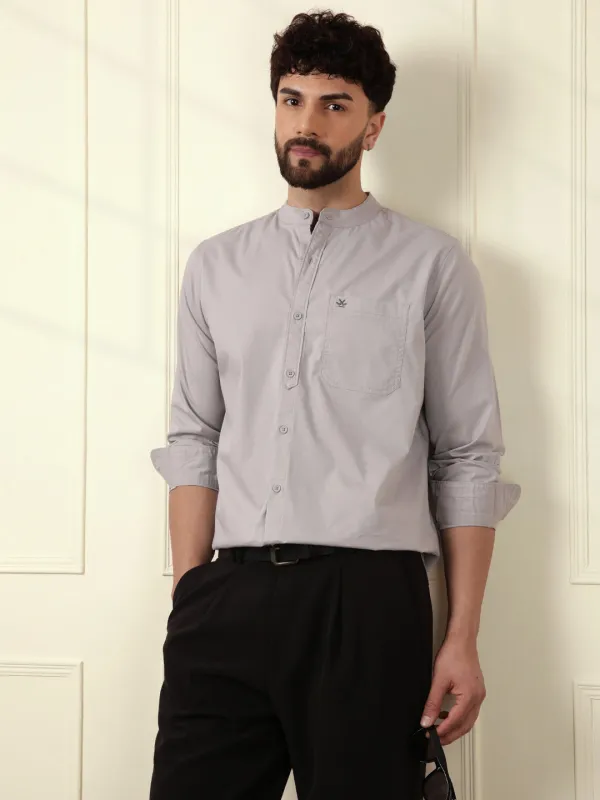 Grey Oxford Mandarin Collar Shirt sold by Wrogn