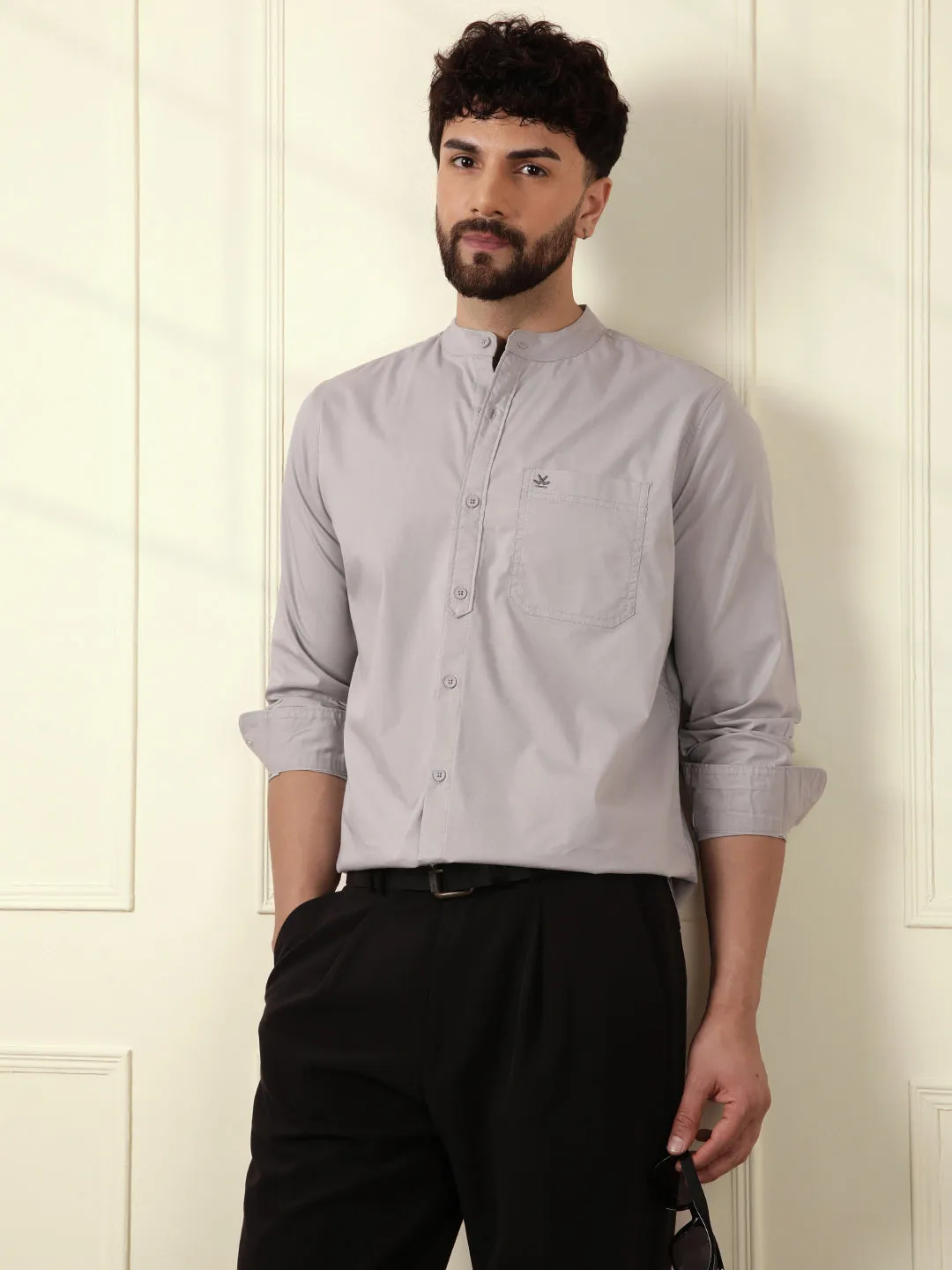 Grey Oxford Mandarin Collar Shirt sold by Wrogn
