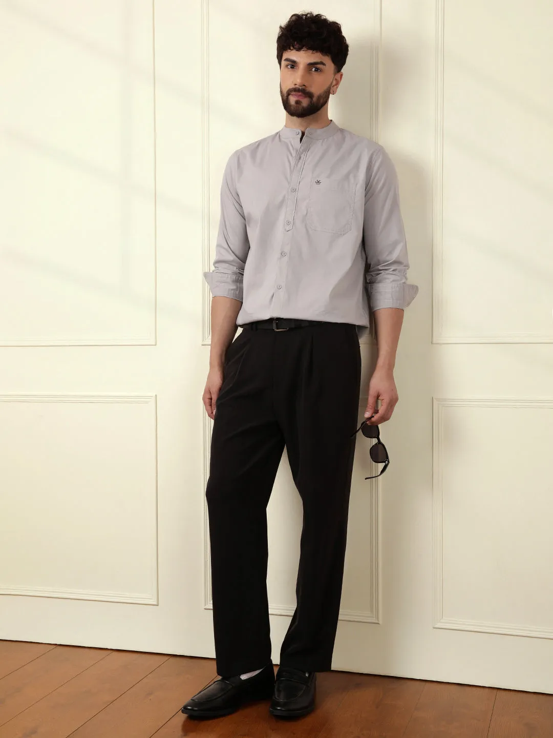 Grey Oxford Mandarin Collar Shirt sold by Wrogn product image thumbnail 2