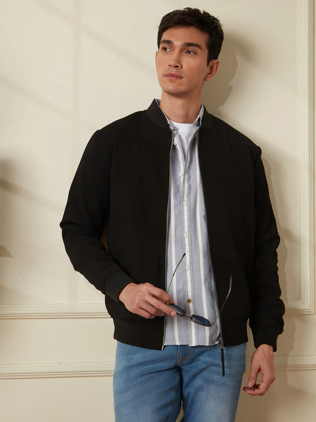 Solid Casual Black Bomber Jacket sold by Wrogn product image thumbnail 3