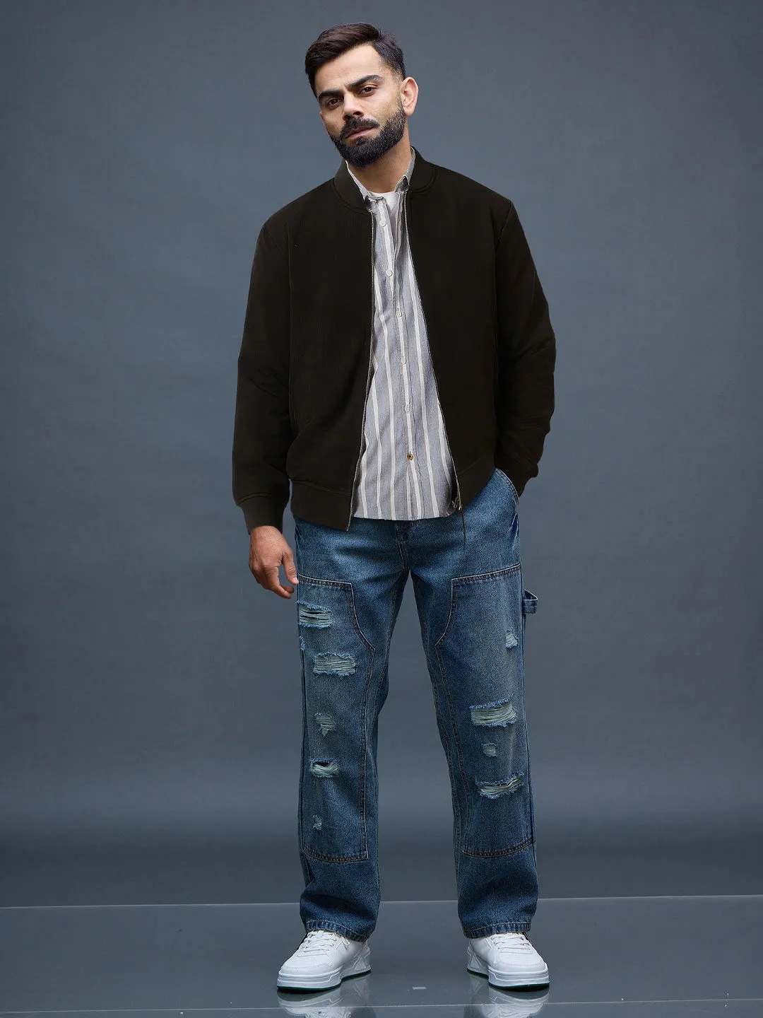 Solid Casual Black Bomber Jacket sold by Wrogn product image thumbnail 2