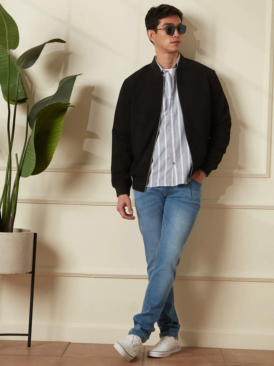 Solid Casual Black Bomber Jacket sold by Wrogn product image thumbnail 4