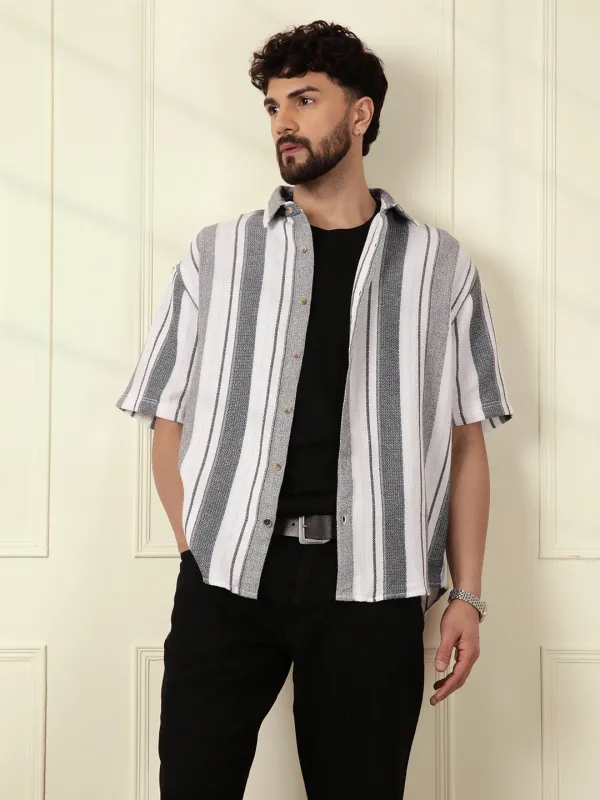 Textured Stripes Comfort Fit Shirt | White sold by Wrogn