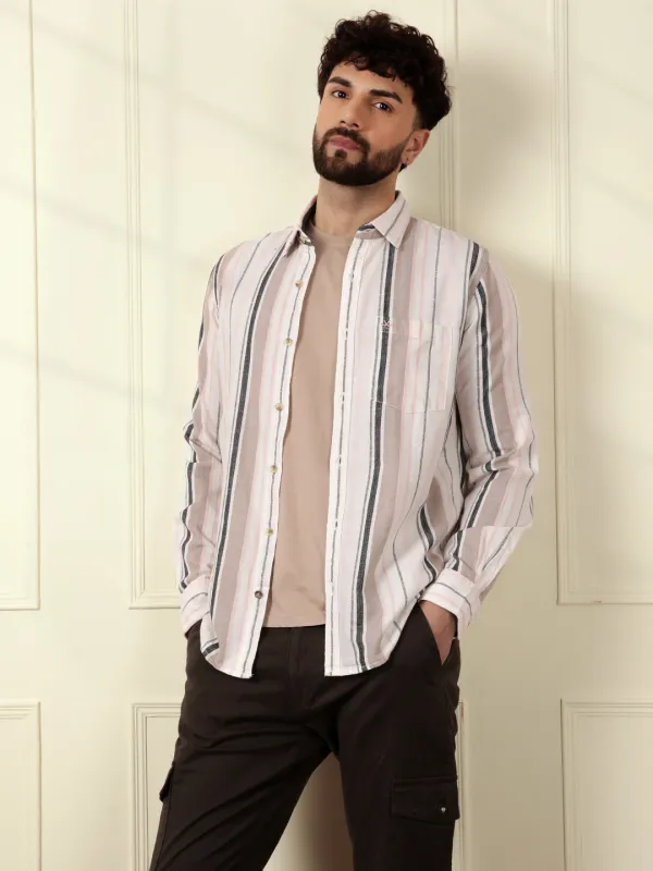 Textured Dobby Striped Shirt | Beige sold by Wrogn