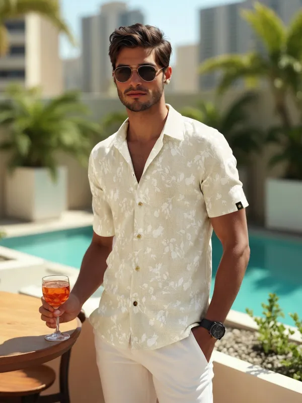 Textured Open Dobby AOP Shirt | Beige sold by Wrogn