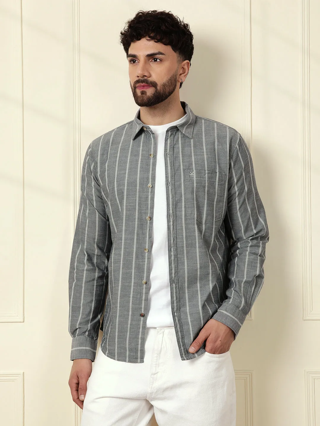 Classic Chambray Striped Shirt | Grey sold by Wrogn