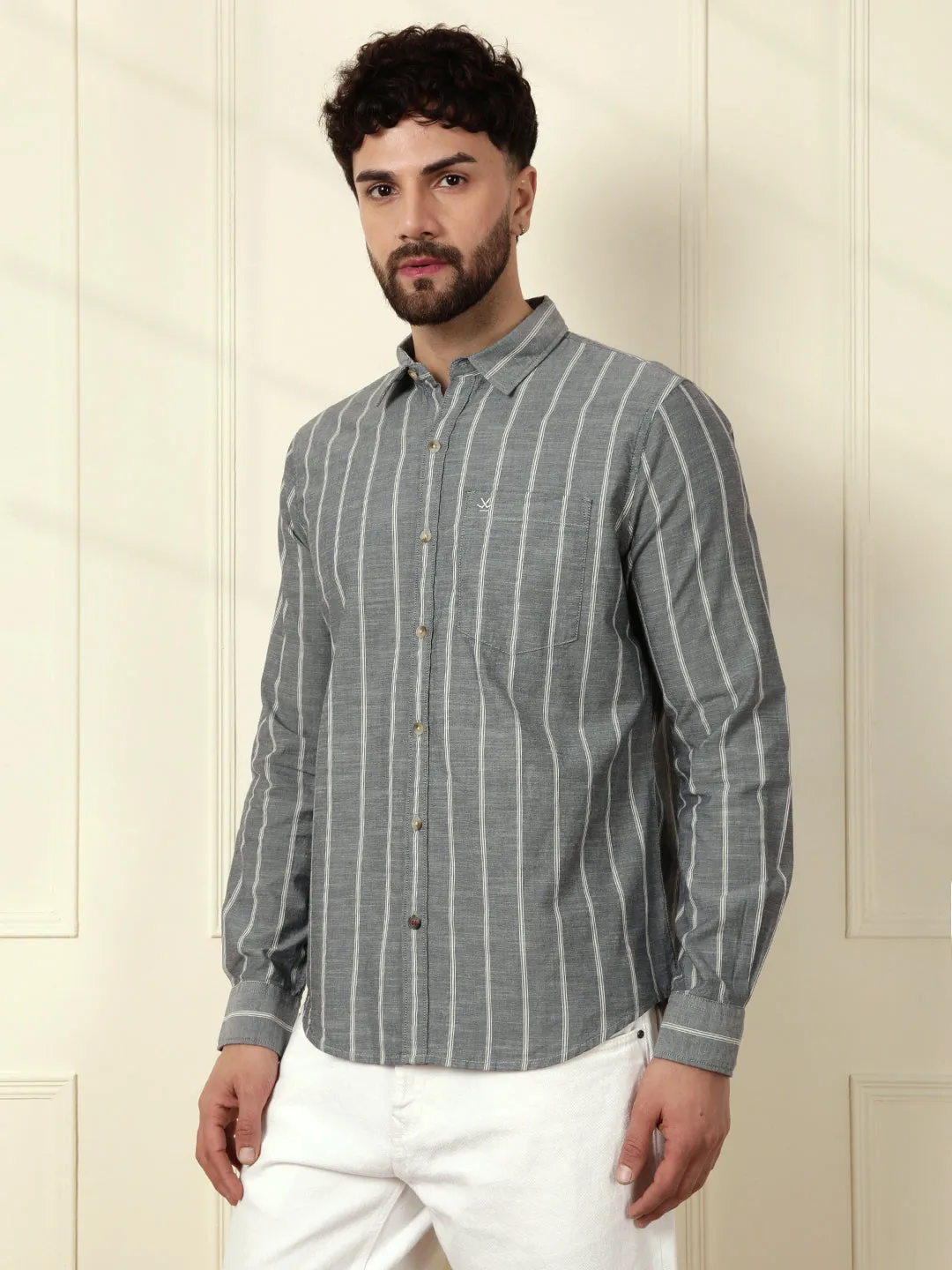 Classic Chambray Striped Shirt | Grey sold by Wrogn product image thumbnail 4