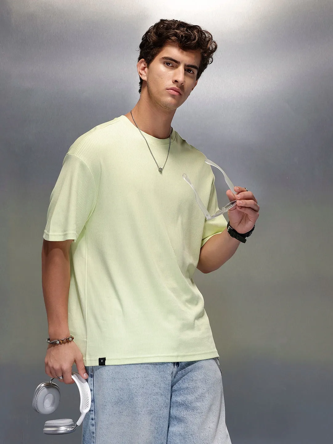Solid Textured Oversized T-Shirt | Light Green sold by Wrogn