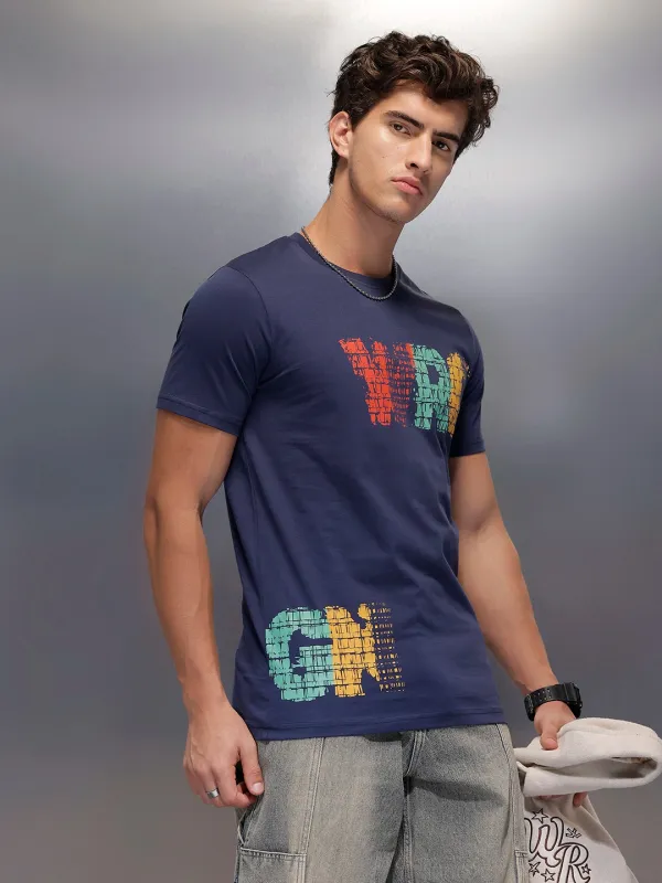 Placement Printed Slim Fit T-Shirt   |  Navy Blue sold by Wrogn