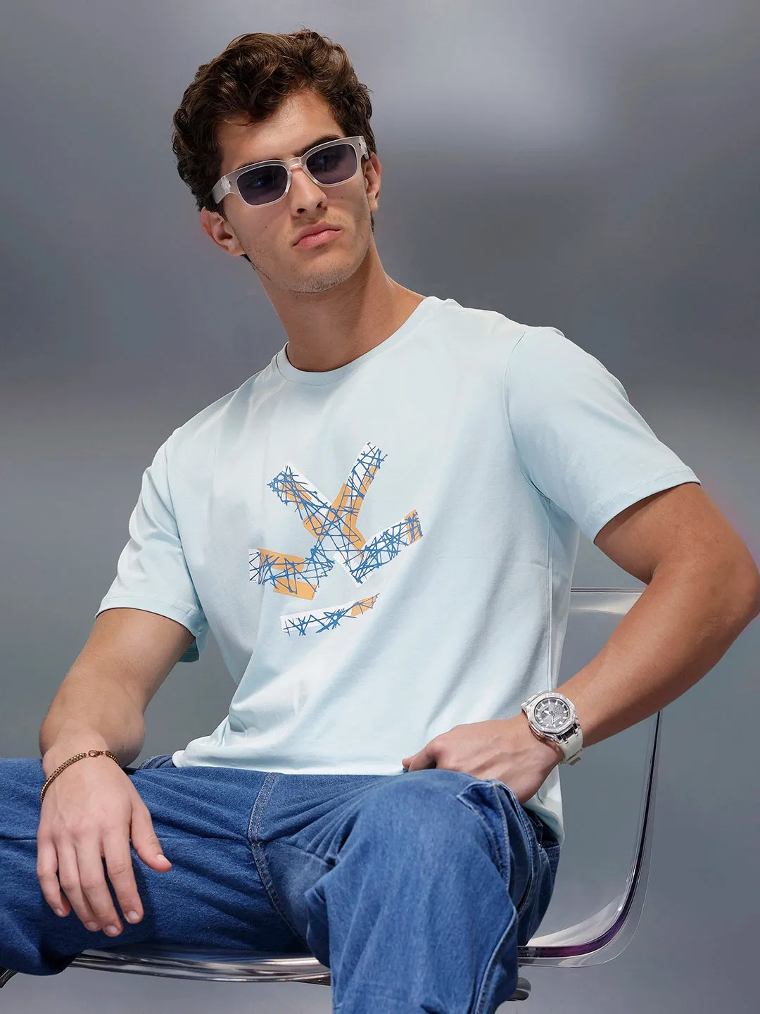 Classic Placement Printed T-Shirt | Light Blue sold by Wrogn