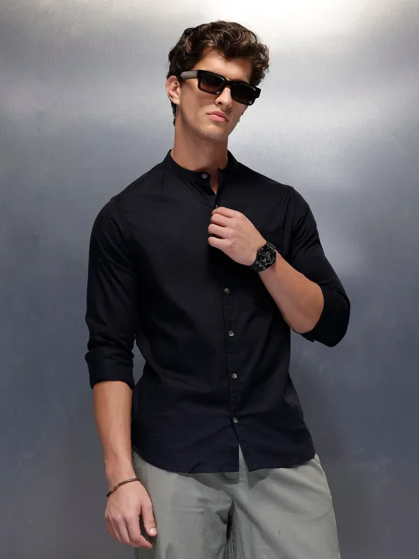 Men's Casual Mandrin Collar Shirt   |  Navy Blue sold by Wrogn