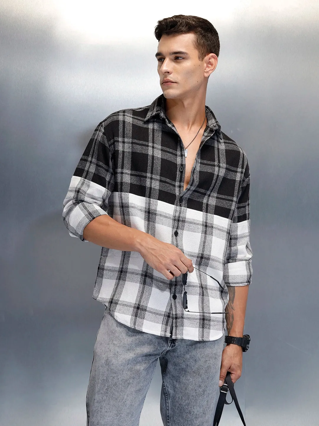 Men's Casual Oversized Fit Checkered Pattern Shirt | Black sold by Wrogn