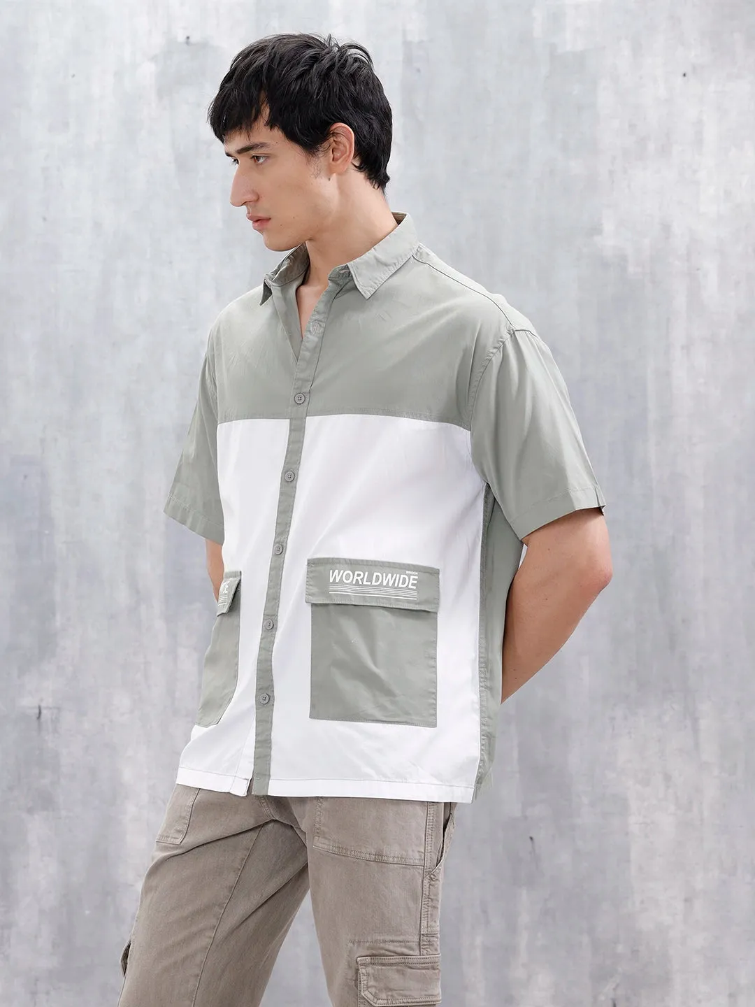 Oversized Fit Colourblock Shirt With Contrast Utility Pockets | White And Grey sold by Wrogn product image thumbnail 4
