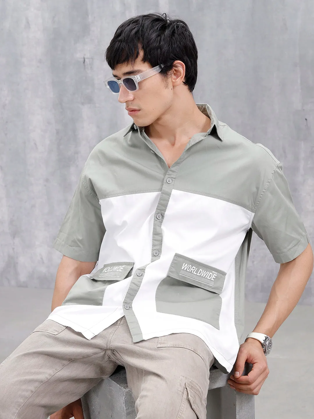 Oversized Fit Colourblock Shirt With Contrast Utility Pockets | White And Grey sold by Wrogn