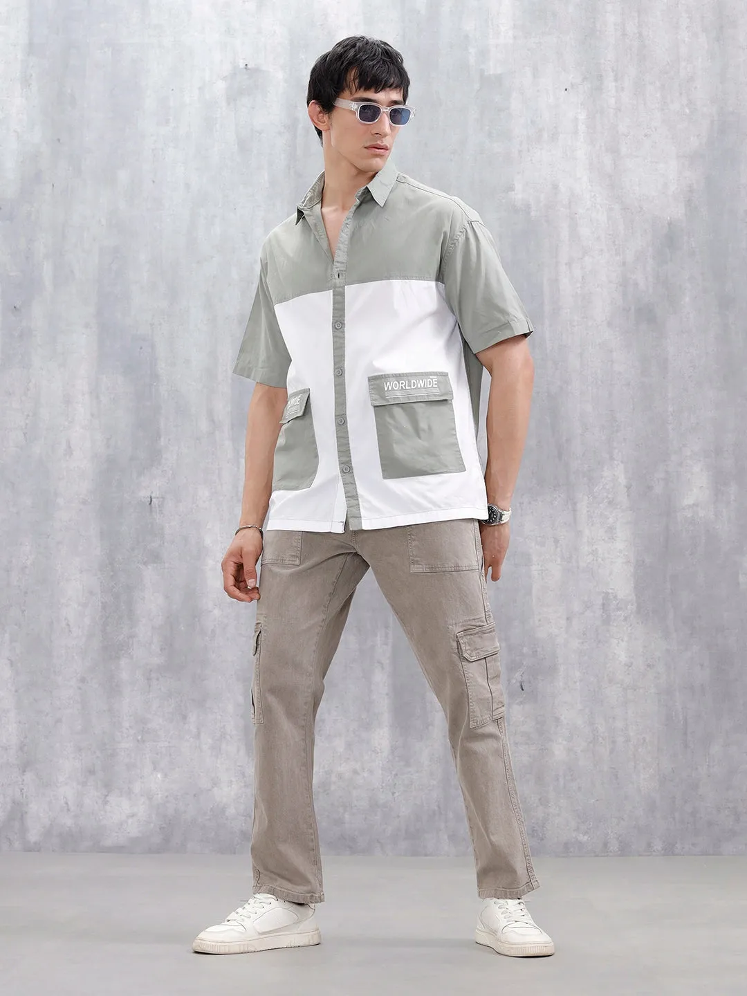 Oversized Fit Colourblock Shirt With Contrast Utility Pockets | White And Grey sold by Wrogn product image thumbnail 2