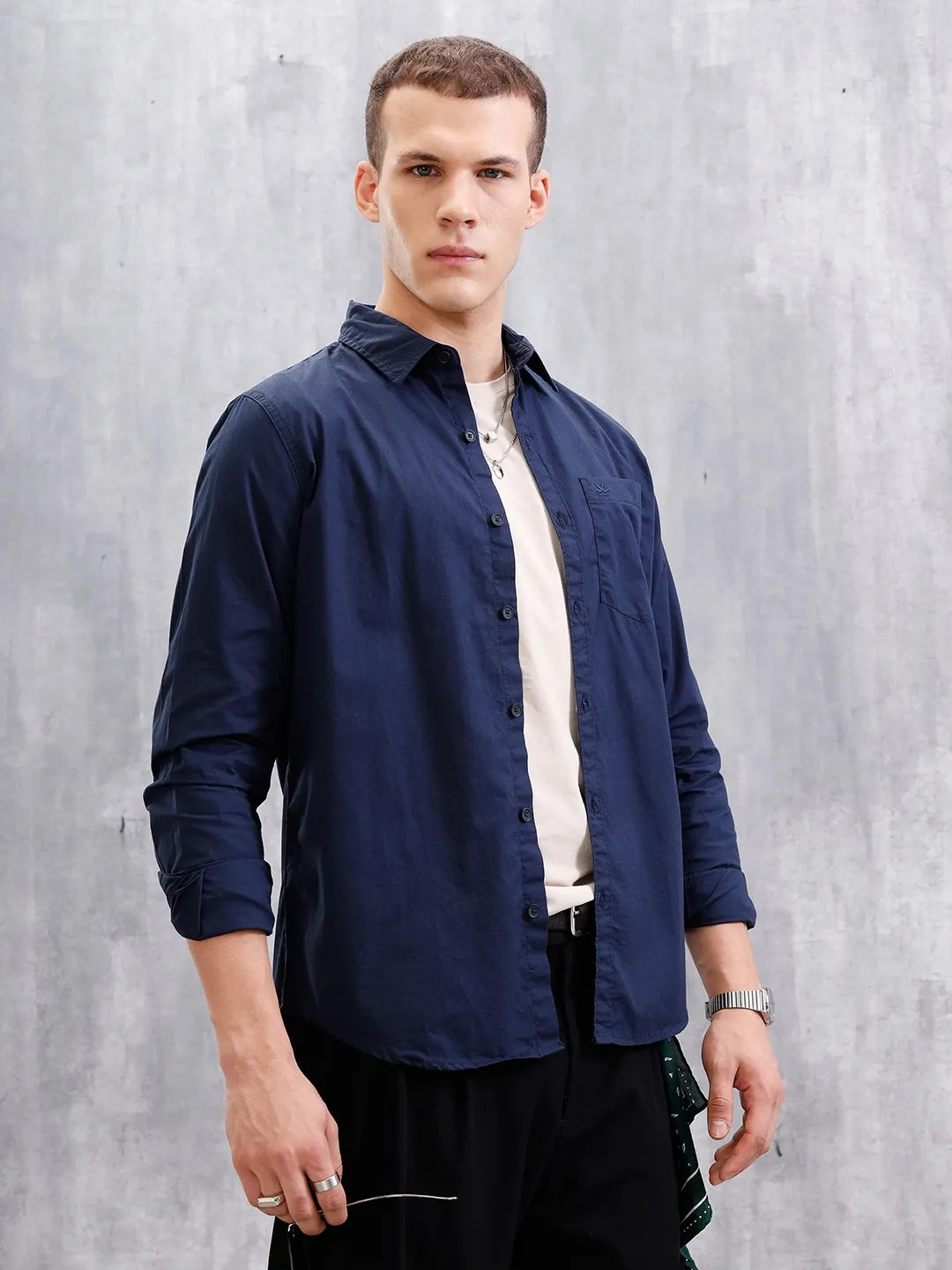 Solid Full Sleeve Regular Fit Shirt | Navy Blue sold by Wrogn product image thumbnail 4