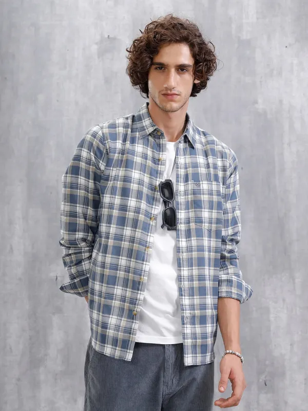 Textured Checked Regular Fit Shirt | Blue sold by Wrogn