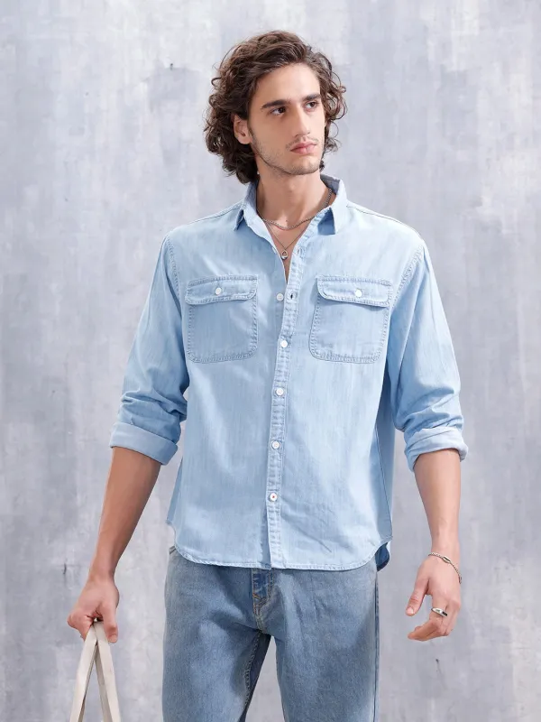 Comfort Fit Double Pocket Solid Shirt | Blue sold by Wrogn