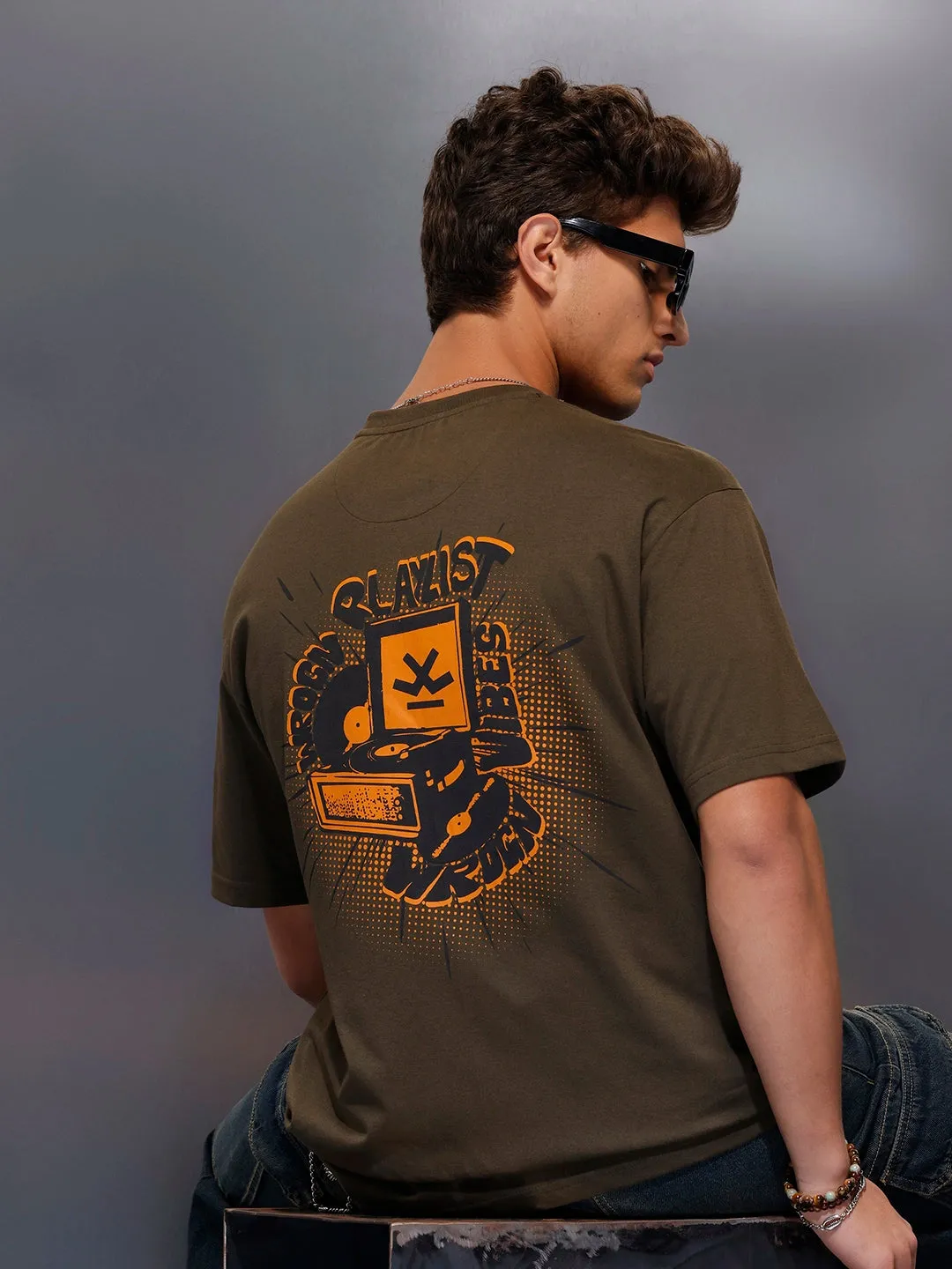 Classic Oversized Back Printed T-Shirt | Olive sold by Wrogn