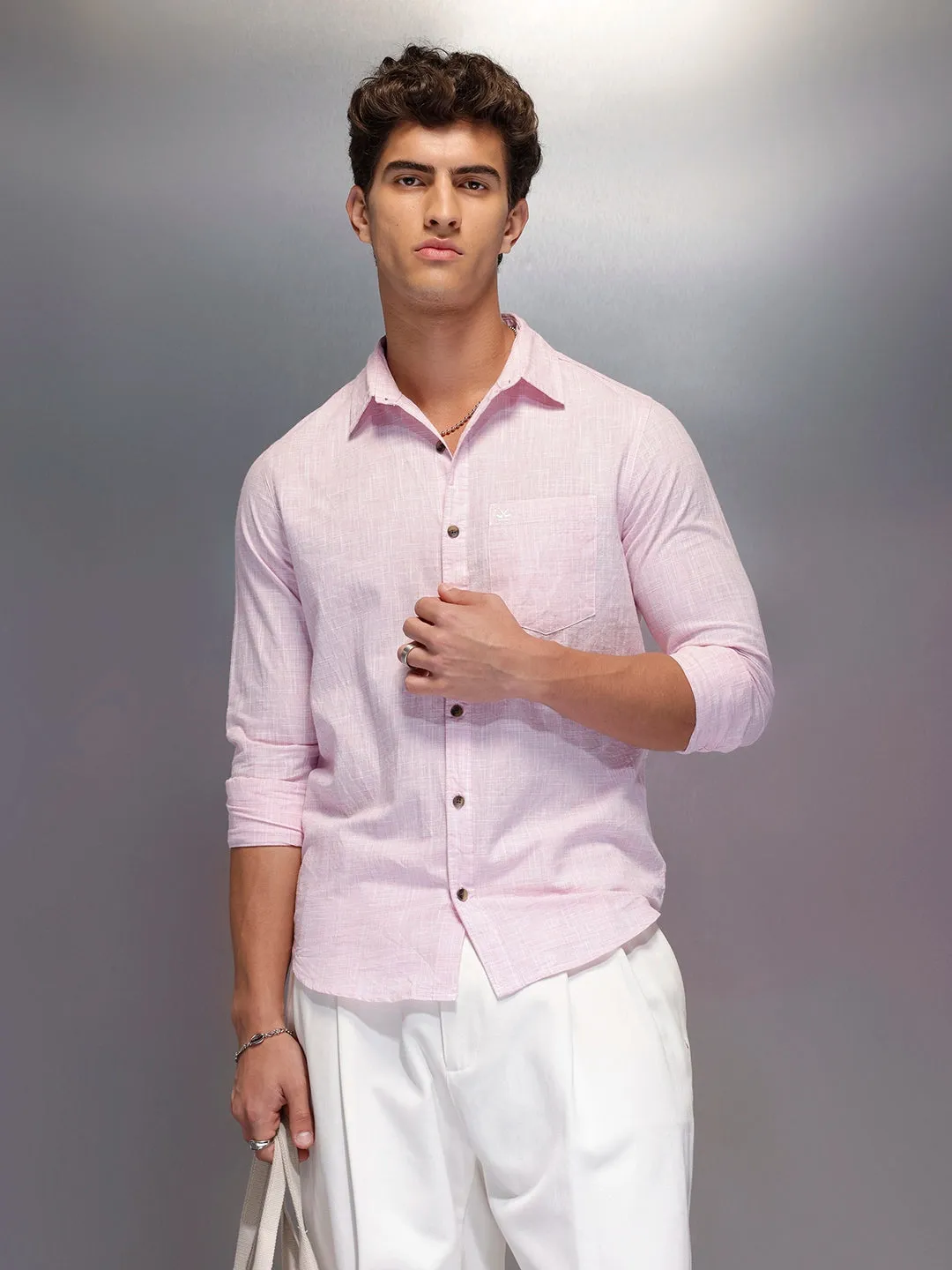 Solid Linin Blend Shirt | Pink sold by Wrogn