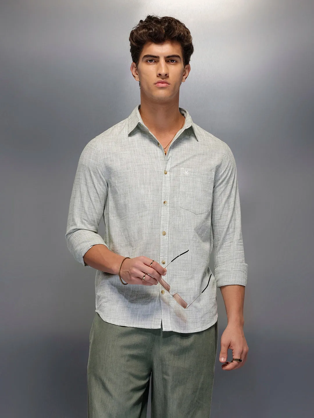 Solid Linin Blend Shirt | Green sold by Wrogn