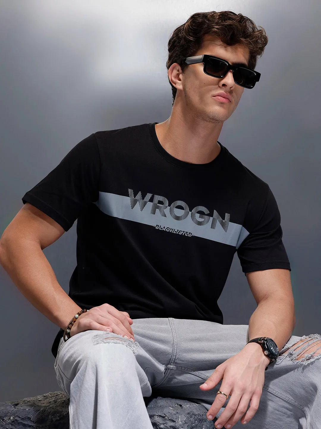 Placement Printed Regular Fit T-Shirt | Black sold by Wrogn