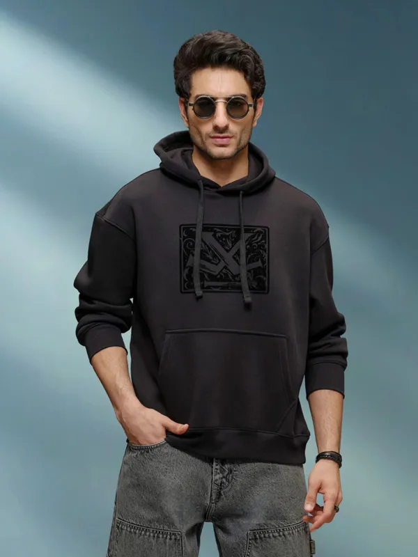 Adorned Logo In Velvet Flock Print On Oversized Hoodie Pullover | Black sold by Wrogn