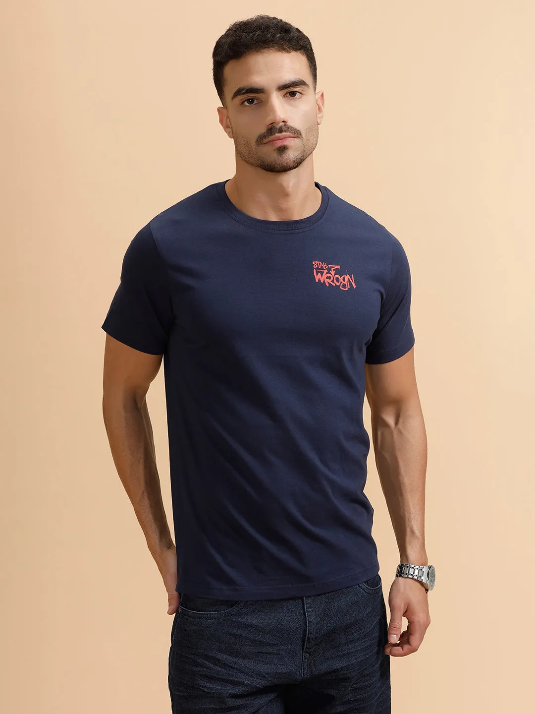 Solid Slim Fit T-Shirt | Navy Blue sold by Wrogn