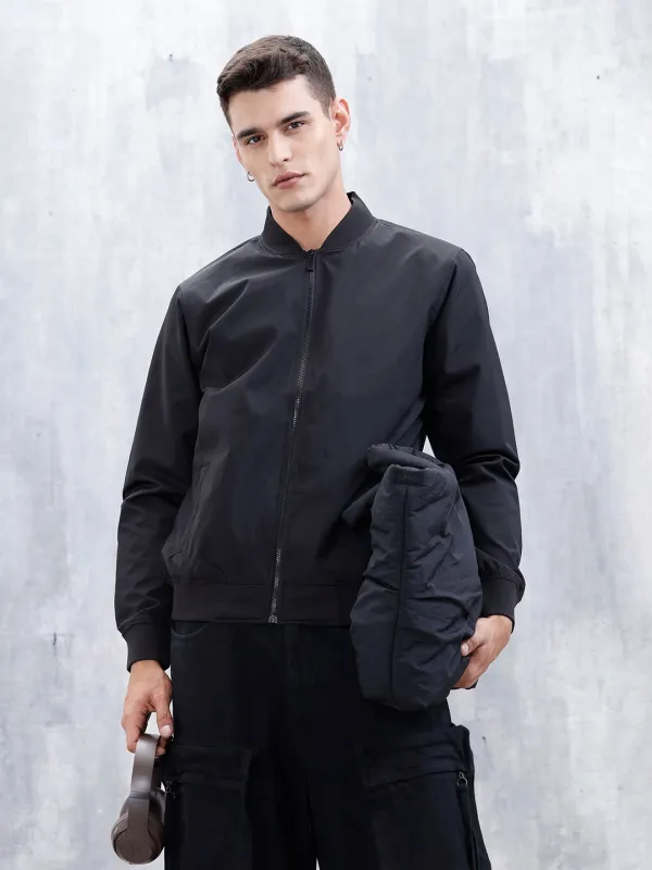 Men's Solid Casual Regular Fit Bomber Jacket | Black sold by Wrogn