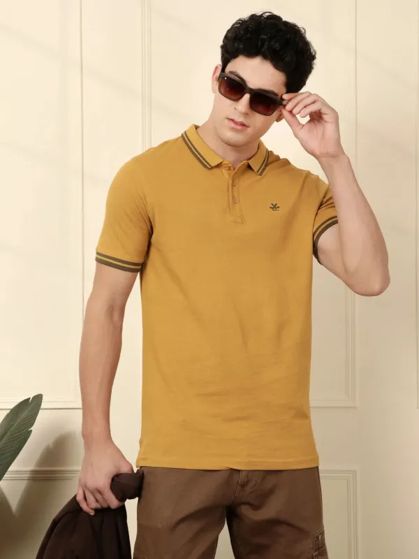 Mustard Tipped Solid Polo T-Shirt made by Wrogn