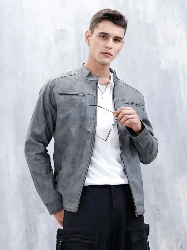 Men's Casual Slim Fit Biker Jacket | Grey made by Wrogn