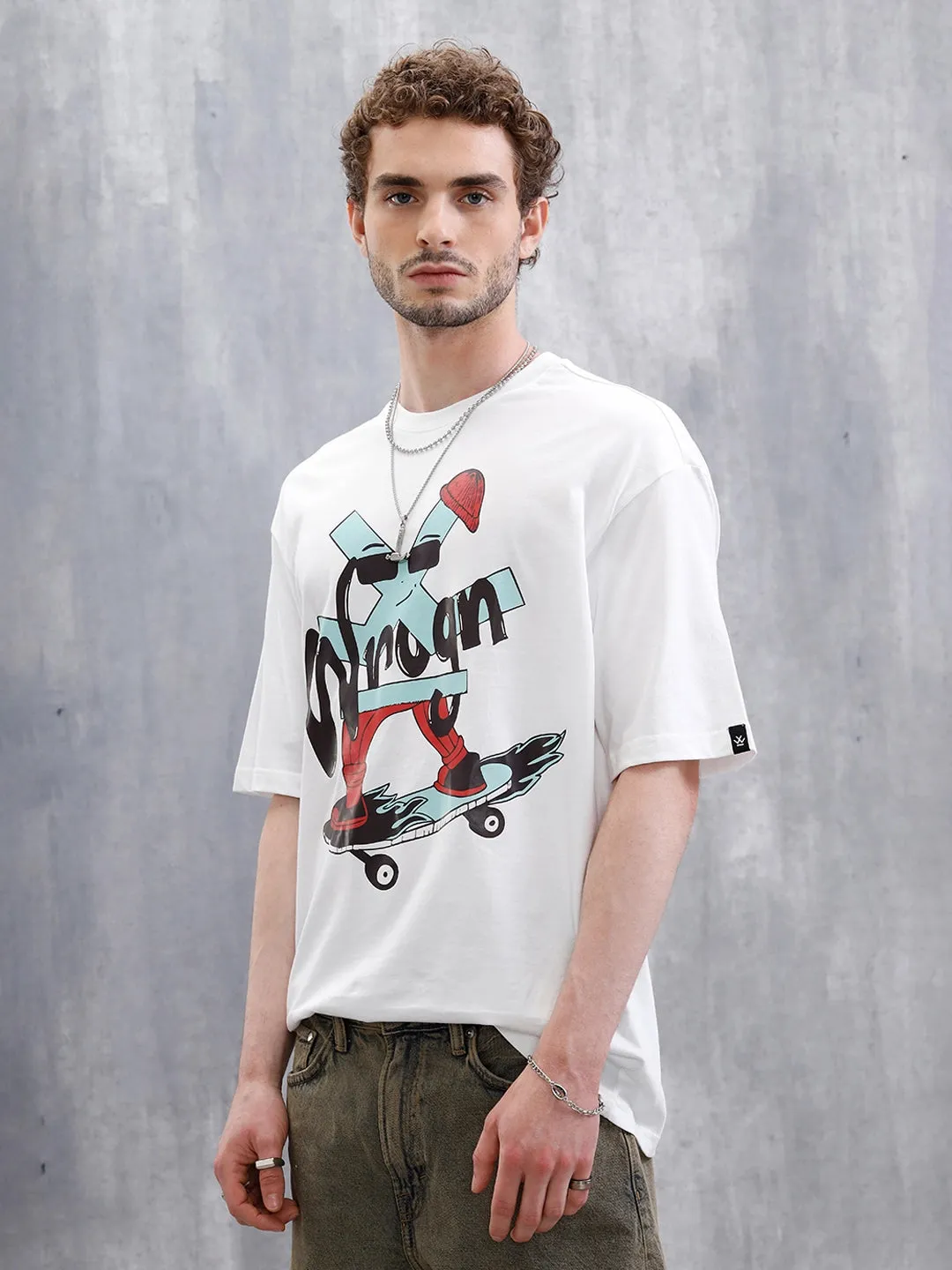 Skater Logo Printed Oversized Fit T-Shirt | White sold by Wrogn product image thumbnail 4