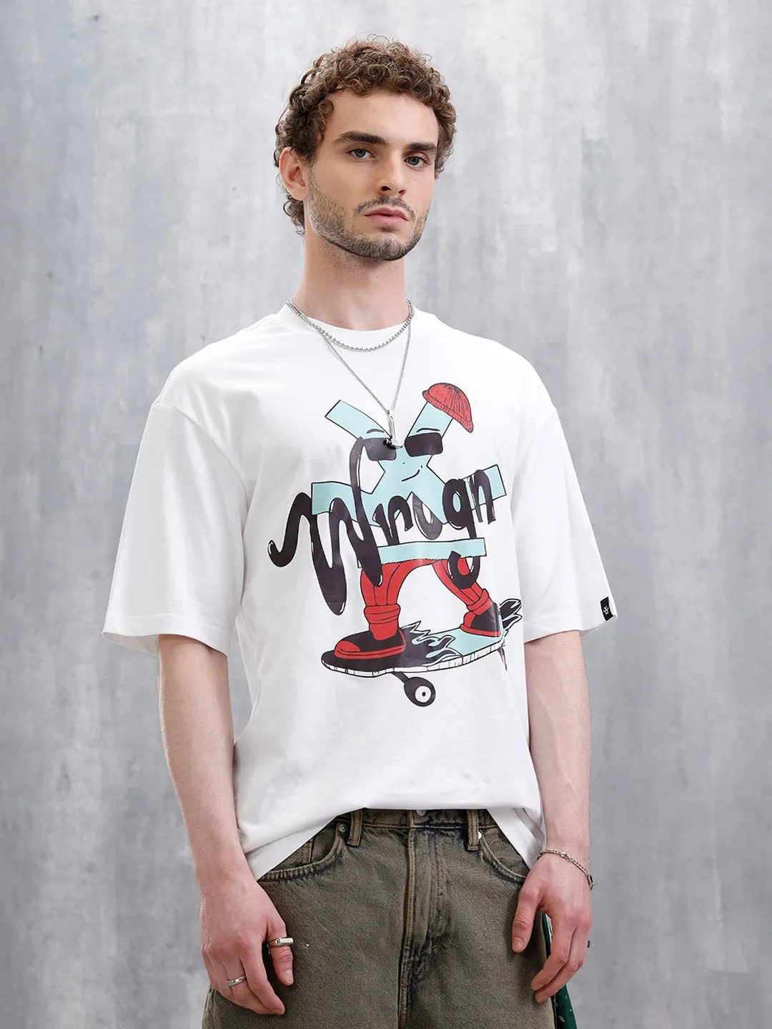 Skater Logo Printed Oversized Fit T-Shirt | White sold by Wrogn
