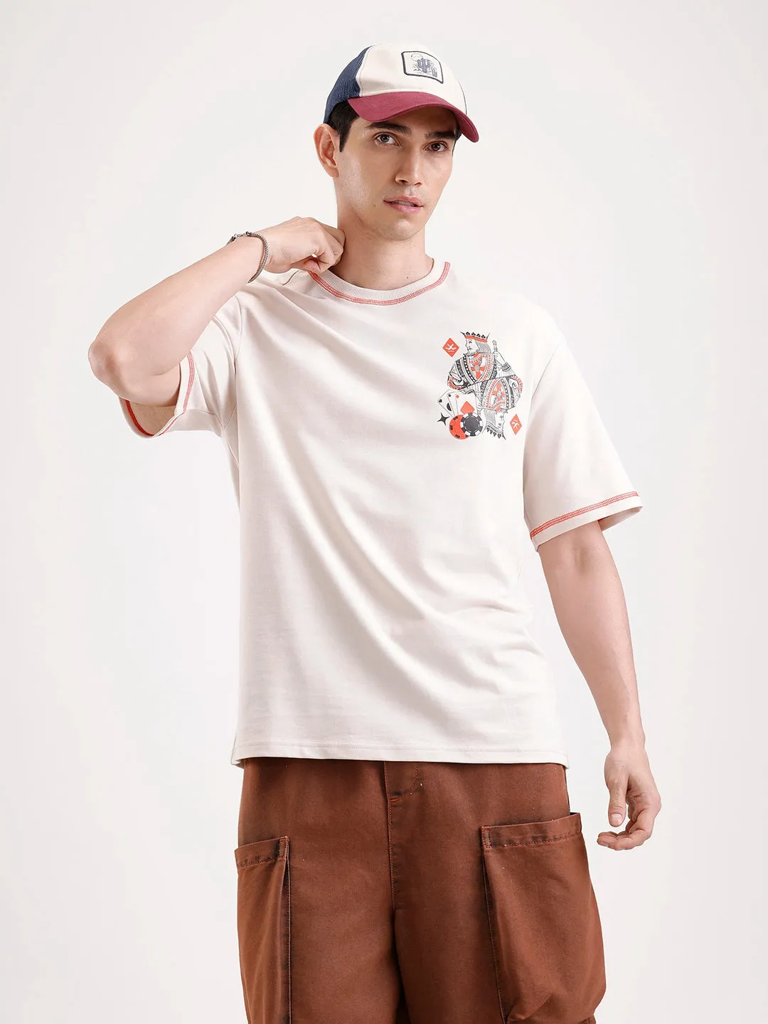 Placement Printed Oversized T-Shirt | Beige sold by Wrogn