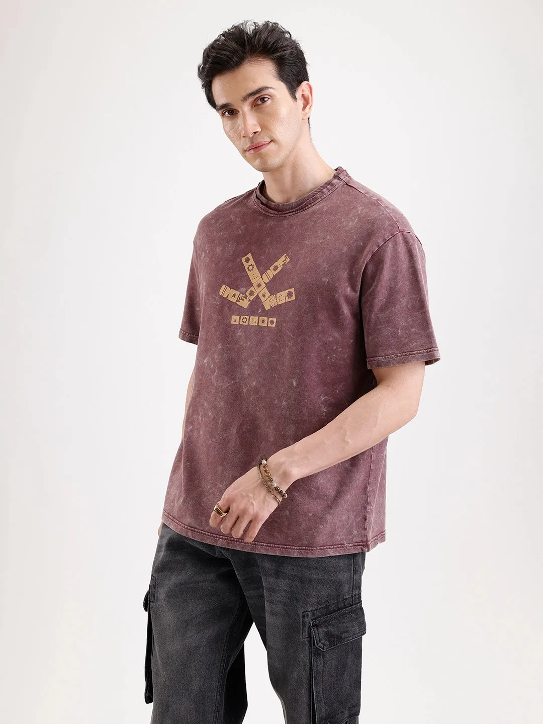 Washed Placement Printed Oversized T-Shirt | Maroon sold by Wrogn product image thumbnail 4