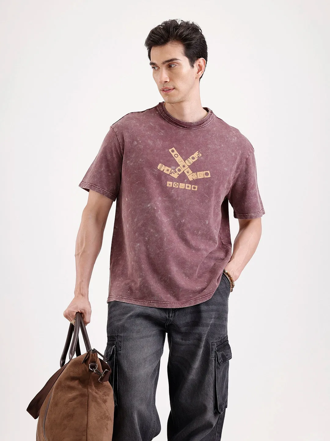 Washed Placement Printed Oversized T-Shirt | Maroon sold by Wrogn