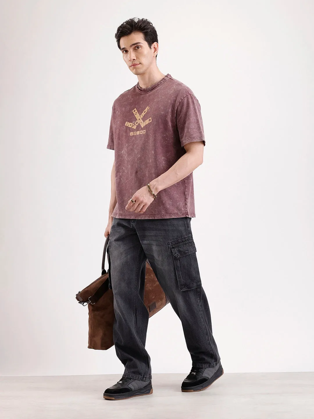 Washed Placement Printed Oversized T-Shirt | Maroon sold by Wrogn product image thumbnail 2