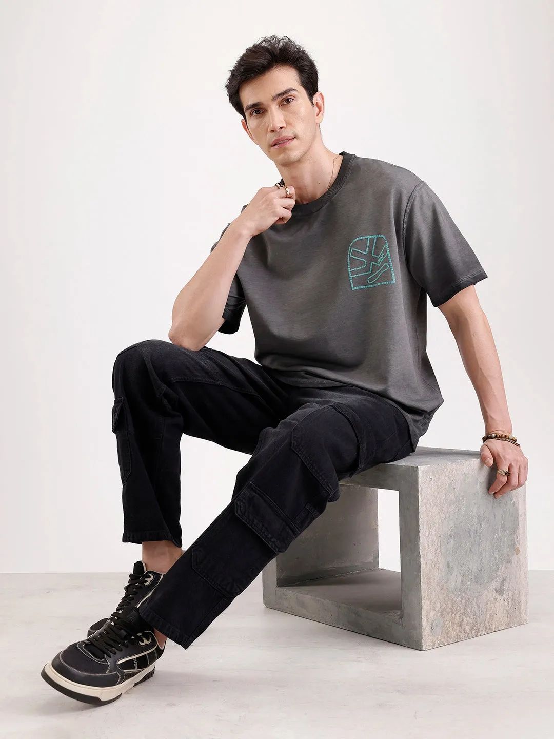 Washed Puff Printed Oversized T-Shirt | Black sold by Wrogn product image thumbnail 2