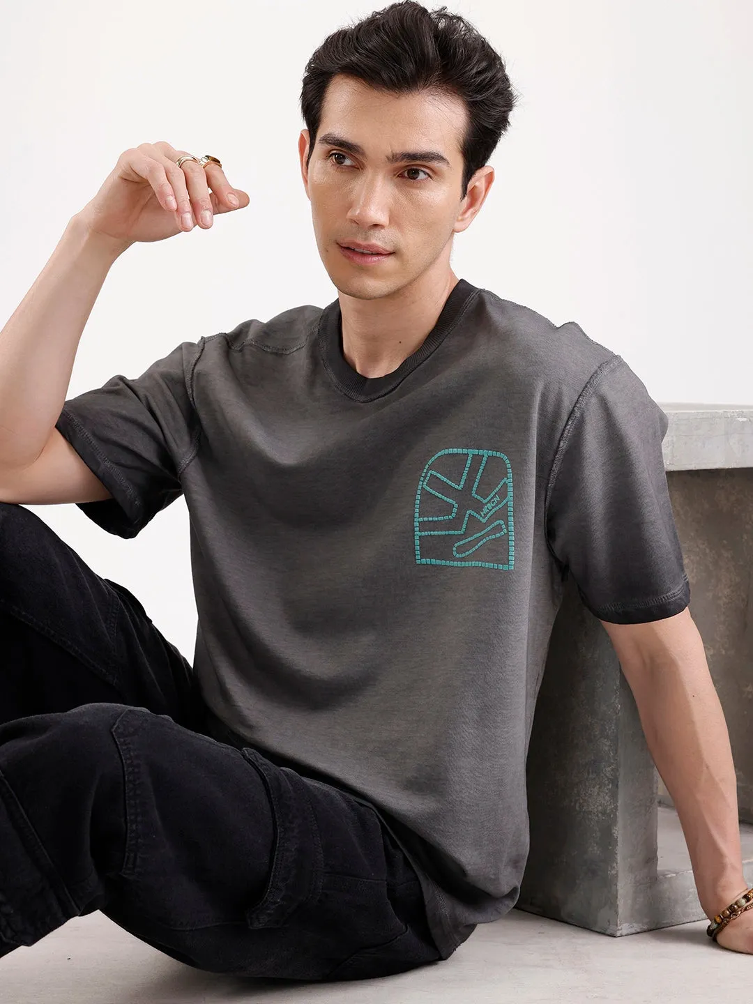 Washed Puff Printed Oversized T-Shirt | Black sold by Wrogn