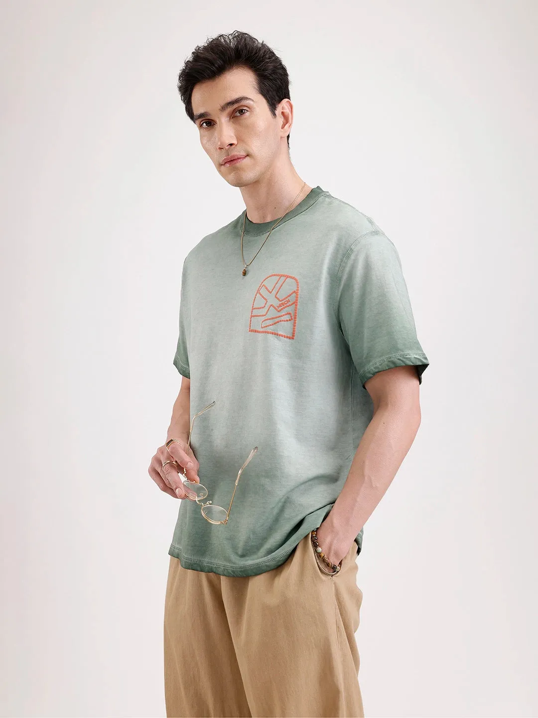 Washed Puff Printed Oversized T-Shirt | Olive sold by Wrogn