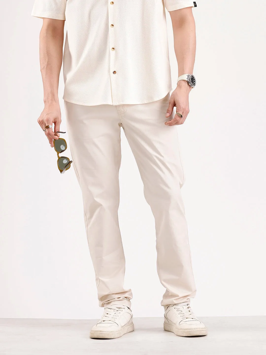 Solid Slim Fit Trouser | Cream sold by Wrogn
